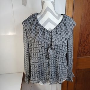 Womans Loft Black White Lined Sheer Ruffled Patterned Size Small Petite